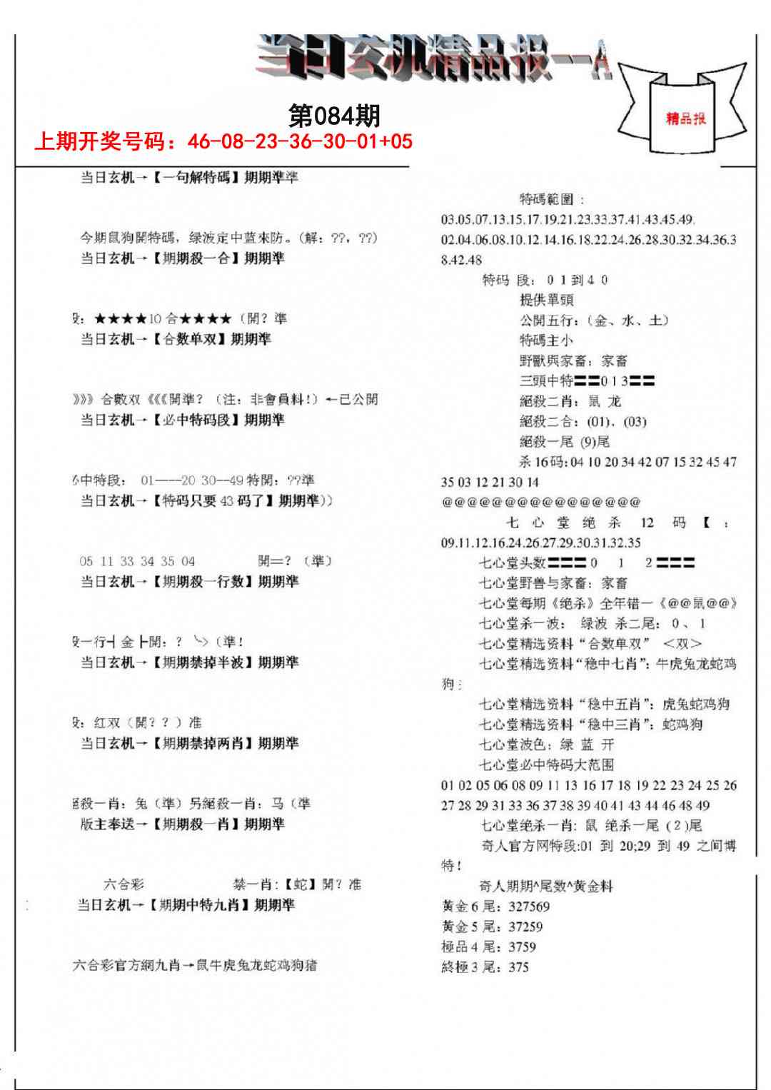 084期当日玄机精品报A[图]